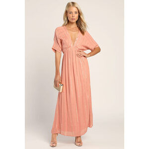 Lulus Goddess Vibes Rusty Rose Gold Striped Dolman Sleeve Maxi Dress Pink
